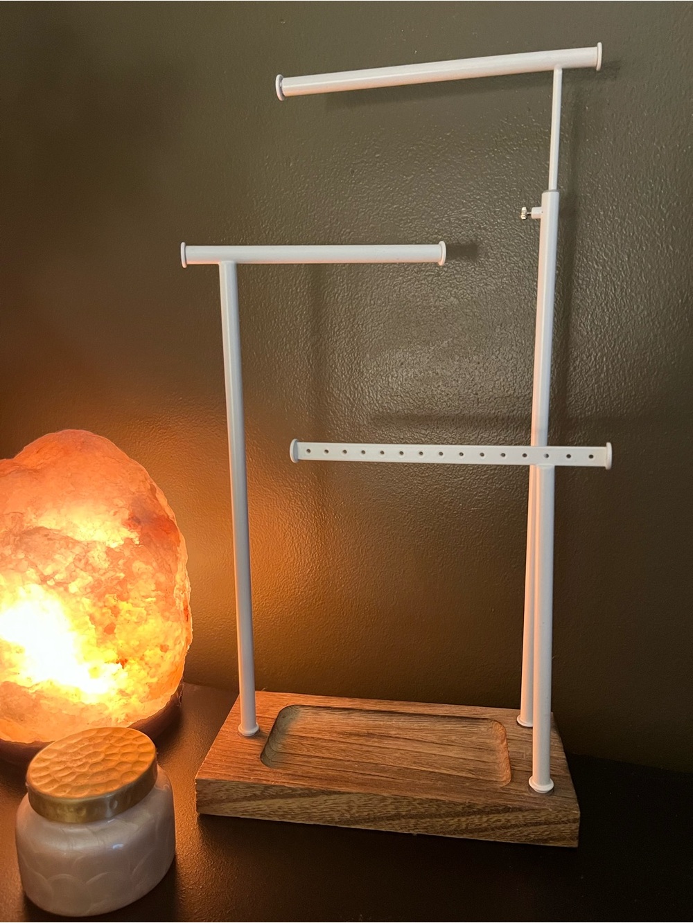 White and Wood Three Tiered Adjustable Jewelry Stand